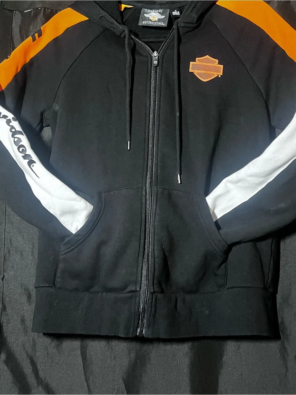 Harley-Davidson Black Zip Hoodie with Orange & White Accents